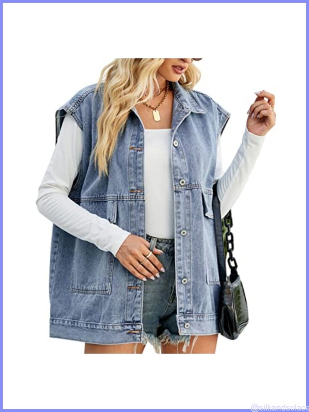 Vintage Washed Denim Vest Oversized Collared Sleeveless Button Up Women's Gilet
